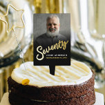 seventy 70th birthday party photo gold black cake pick<br><div class="desc">Seventy script text in gold effect colour and one large photo 70th birthday cake pick. Use for a fun addition to your birthday party cake, or as table decorations or both! Personalise this 70th birthday party design with your own photo, name, date or other wording. Other years and matching items...</div>