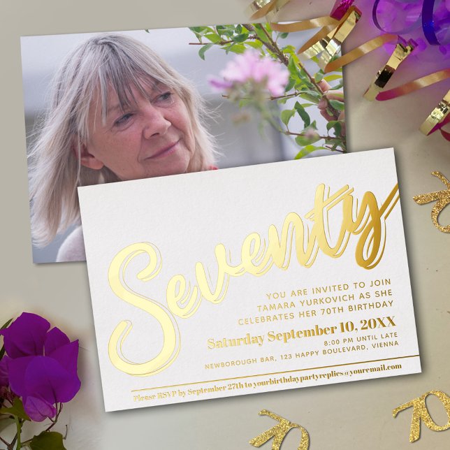 Seventy 70th Birthday party white with gold script (Creator Uploaded)