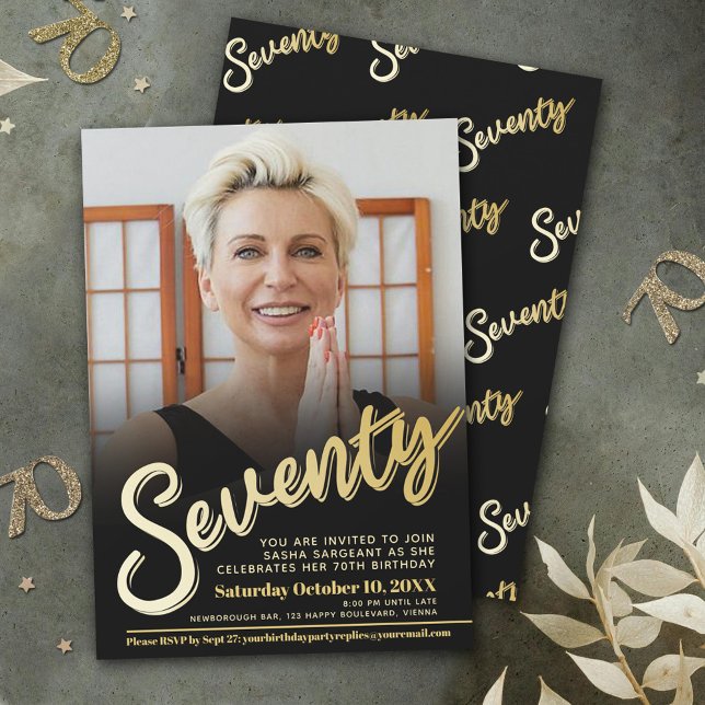 Seventy 70th Birthday photo script flat gold colou Invitation (Creator Uploaded)