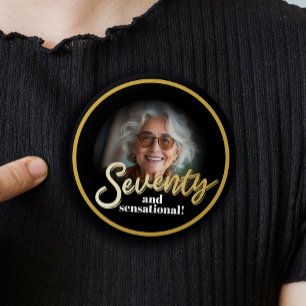 Seventy 70th Birthday photo script gold black 3 Cm Round Badge