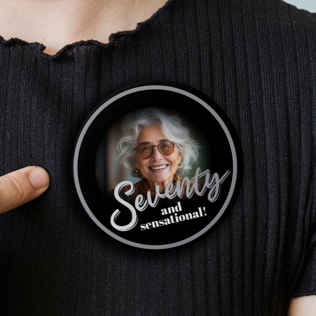Seventy 70th Birthday photo script silver black 3 Cm Round Badge (Creator Uploaded)