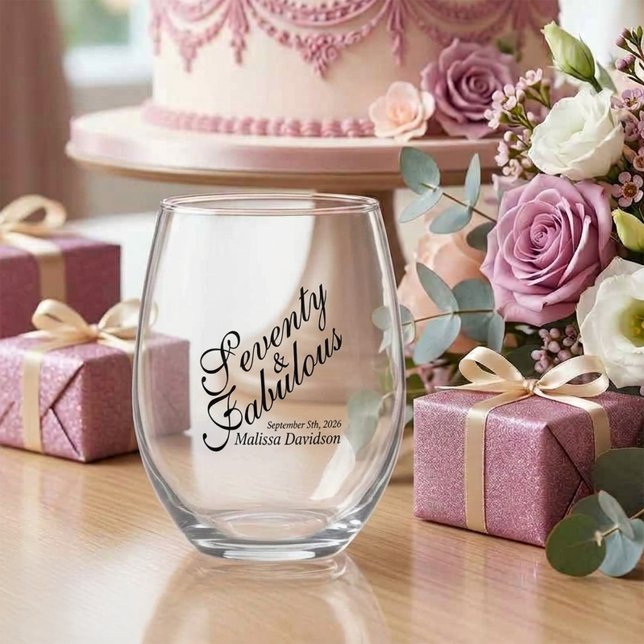  Seventy and Fabulous Black Modern Script Stemless Wine Glass (Seventy and Fabulous Black Modern Script Stemless Wine Glass)