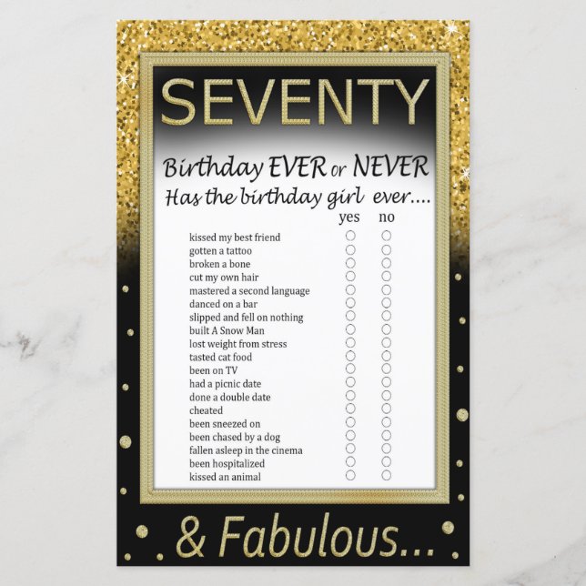 Seventy Birthday Ever or Never Game (Front)