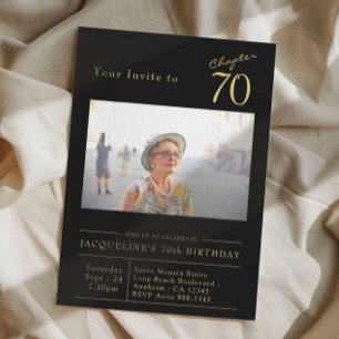 Seventy Black Gold 70th Birthday Party Photo Invitation