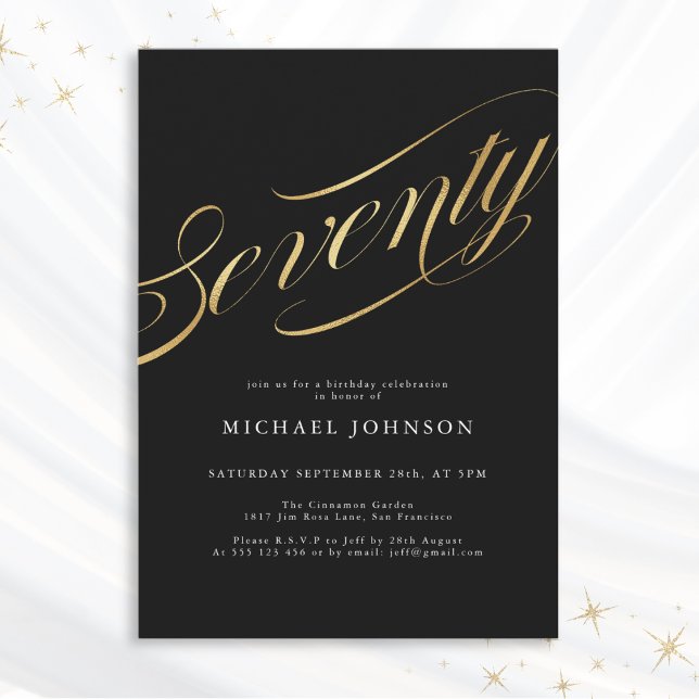 Seventy Black Gold Modern 70th Birthday Invitation (Mockup View)