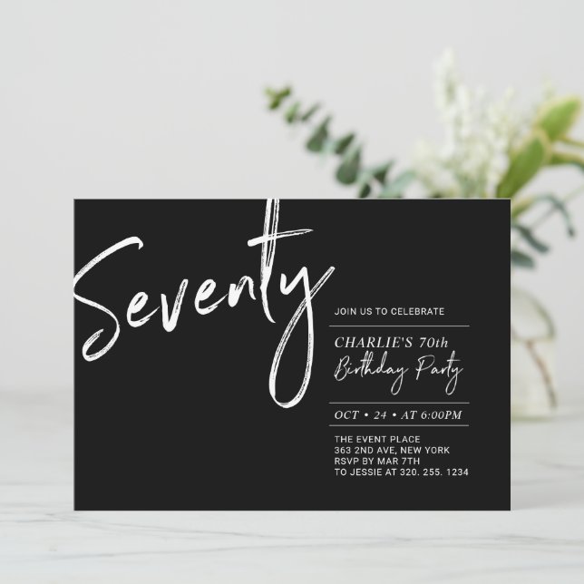 Seventy Black & White Modern 70th Birthday Party Invitation (Standing Front)