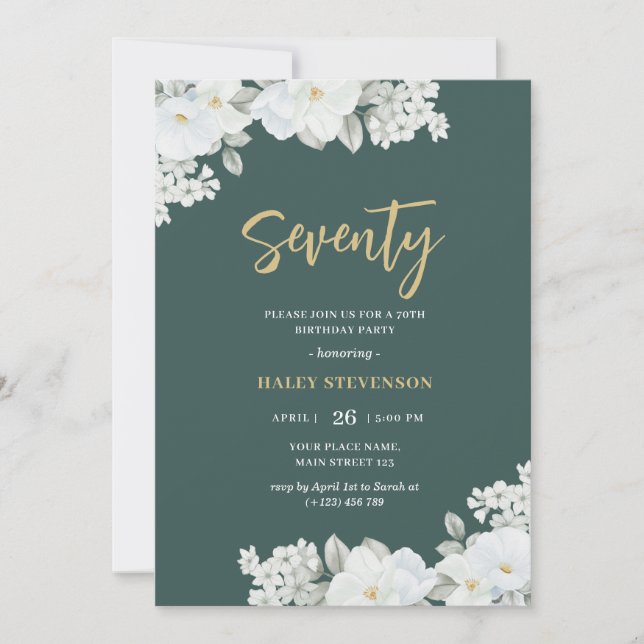 Seventy Emerald Green & Gold White Floral Birthday Invitation (Front)