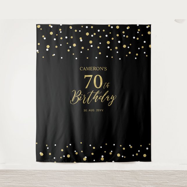 Seventy Gold & Black 70th Birthday Party Backdrop Tapestry (Front)