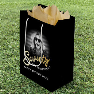 Seventy gold script and custom photo 70th birthday medium gift bag