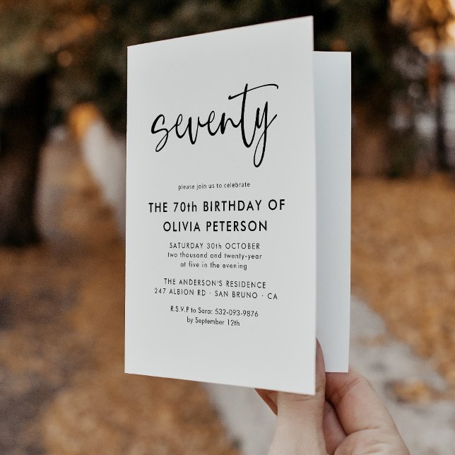 Seventy Modern 70th Black & White Birthday Folded Invitation (Creator Uploaded)