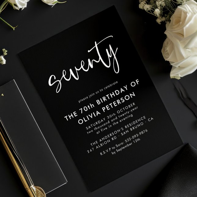 Seventy Modern 70th White on Black Birthday Party Invitation (Creator Uploaded)