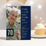 Seventy Photo Blue & Gold 70th Birthday Party Real<br><div class="desc">Tailored with a modern touch,  our 70th birthday party invitations are sure to impress. These real foil invitations boast a stylish blue backdrop,  punctuated with a lighthearted quote and a personalised photo. It does,  indeed,  take seventy years to look this good - let's celebrate that milestone in style!</div>