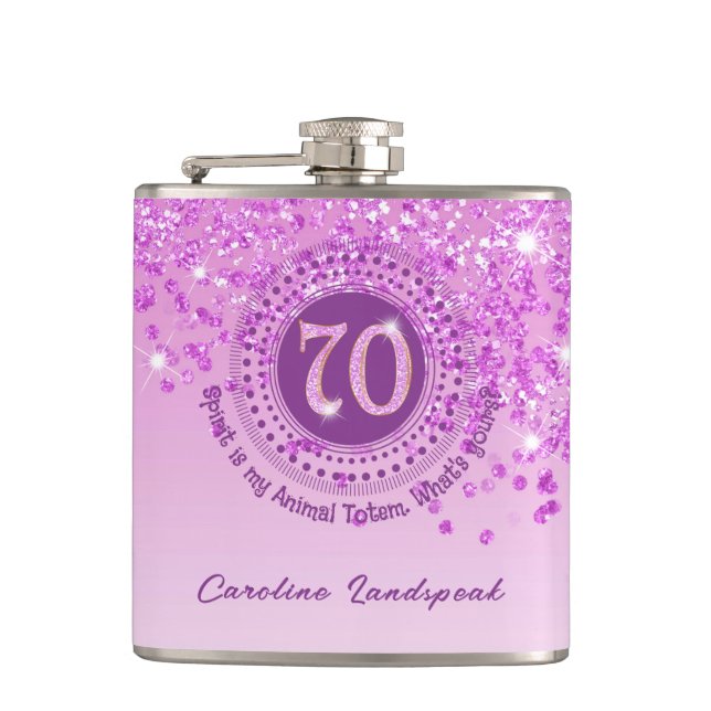 Seventy & Pink Glitter & Drinking Quote Hip Flask (Front)