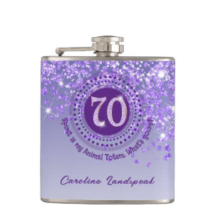 Seventy & Purple Glitter & Drinking Quote Hip Flask