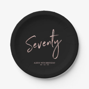 Seventy Rose Gold & Black 70th Birthday Party Paper Plate