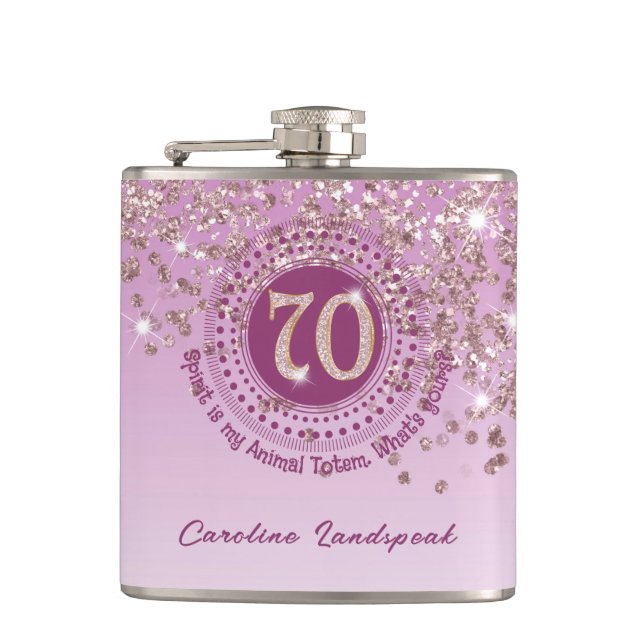 Seventy & Rose Gold Glitter & Drinking Quote Hip Flask (Front)