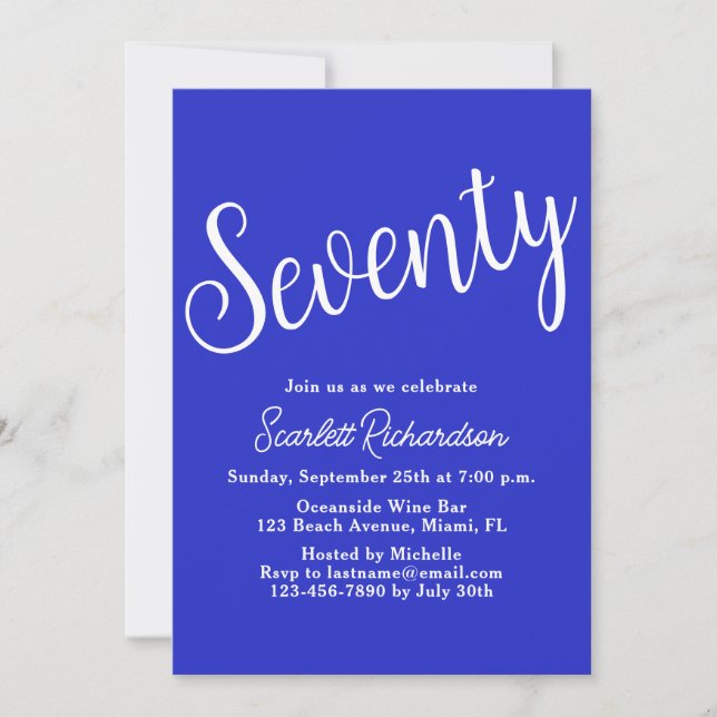 Seventy Script Royal Blue 70th Birthday Party Invitation (Front)