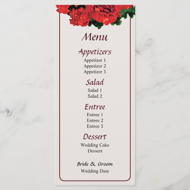 Several Red Geraniums Wedding Menu (Front)