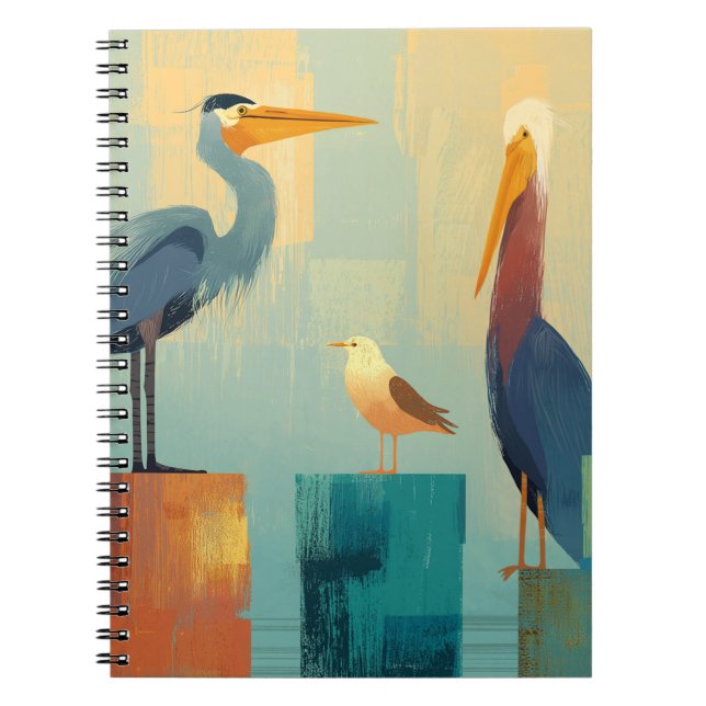Several seabirds perched on pilings notebook (Front)