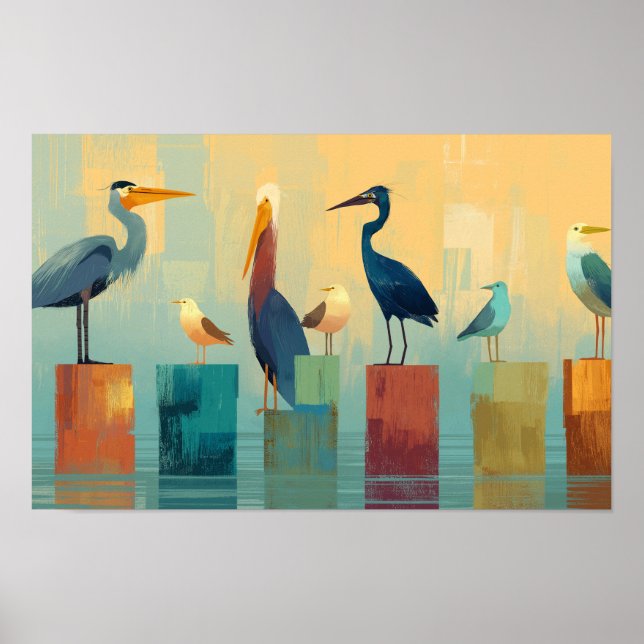 Several seabirds perched on pilings poster (Front)