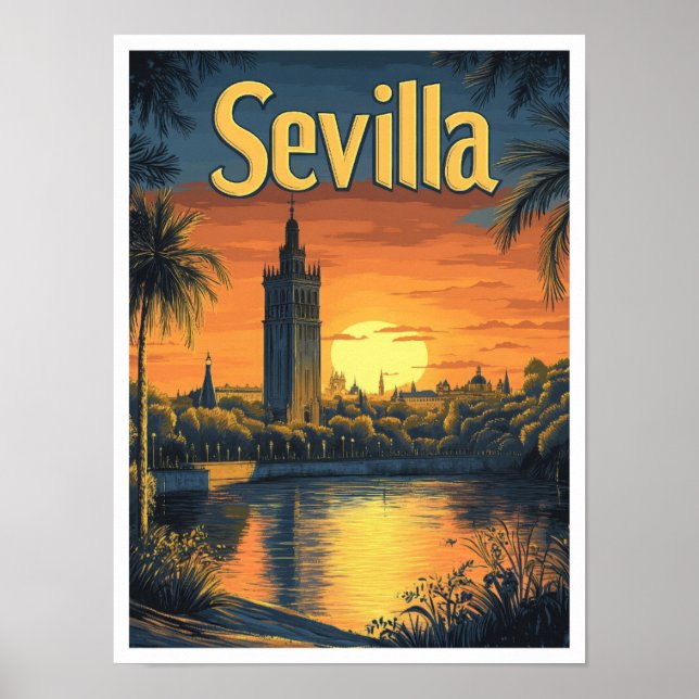 Sevilla Spain Art Vintage Travel Illustration Poster (Front)