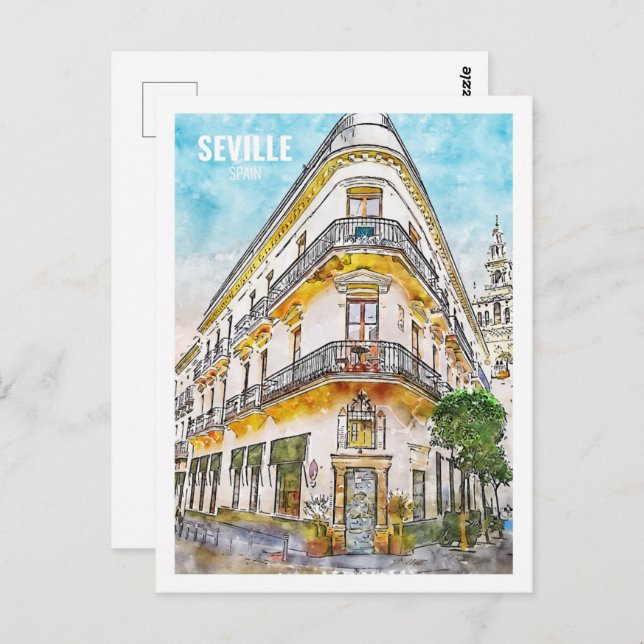 Seville Spain Famous Travel Watercolor Sketch Postcard (Front/Back)