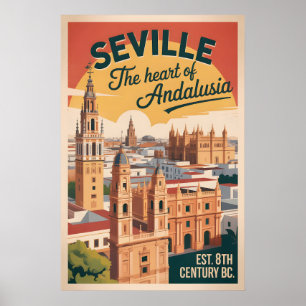 Seville Spain Retro Skyline Cityscape Travel Poster