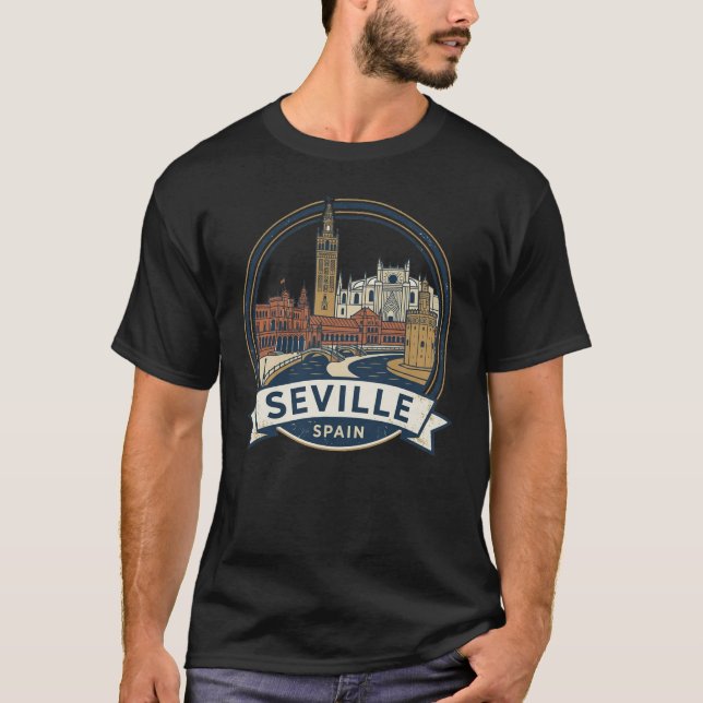 Seville, Spain: Vintage Landmark Skyline T-Shirt (Front)