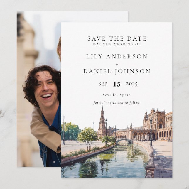 Seville Spain Watercolor Photo Wedding Save The Date (Front/Back)