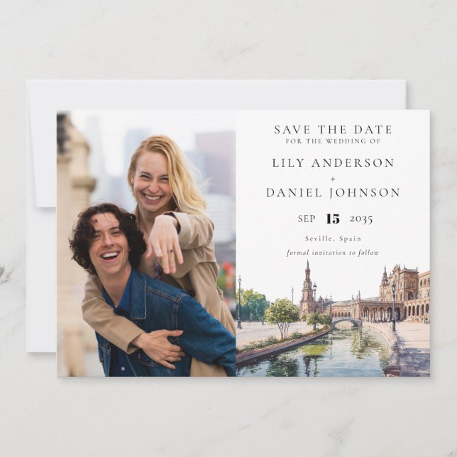 Seville Spain Watercolor Photo Wedding Save The Date (Front)