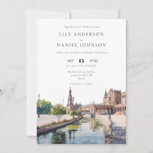 Seville Spain Watercolor QR Code Wedding Invitation