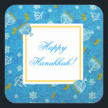 Sevivon Square Sticker<br><div class="desc">Square sticker with an image of spinning dreidels, lighted gold menorahs and gold coins on blue and a white square with a yellow border and customisable holiday sentiment. See matching confetti, label and wrapping paper. See the entire Hanukkah Sticker collection under the CARDS & STICKERS category in the HOLIDAYS section....</div>