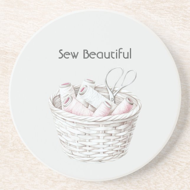 Sew Beautiful Blush Pink White Thread Basket Coaster (Front)