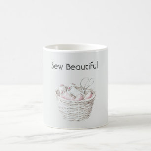Sew Beautiful Blush Pink White Thread Basket Coffee Mug