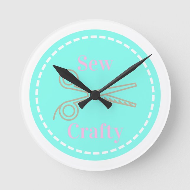 Sew Crafty Pastel Pink Grey Aqua Round Clock (Front)