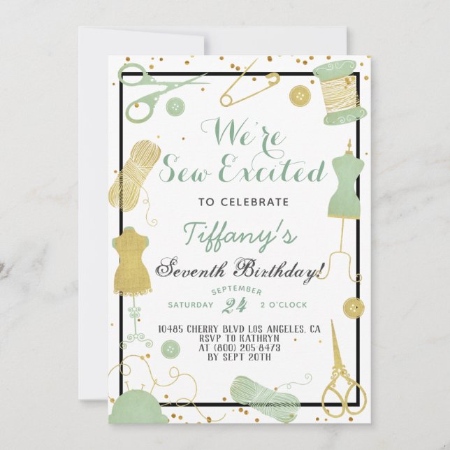 Sew Excited Sewing Birthday Invitation (Front)