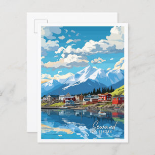 Seward Alaska Art vintage travel illustration Postcard