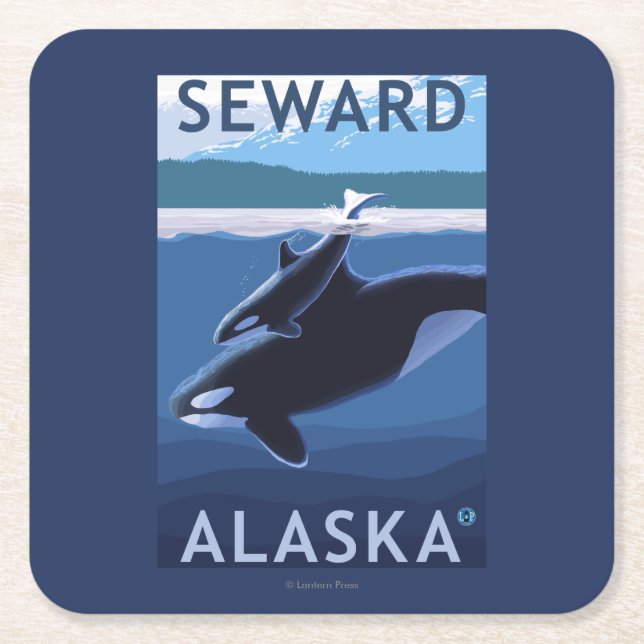 Seward, AlaskaOrca and Calf Scene Square Paper Coaster (Front)