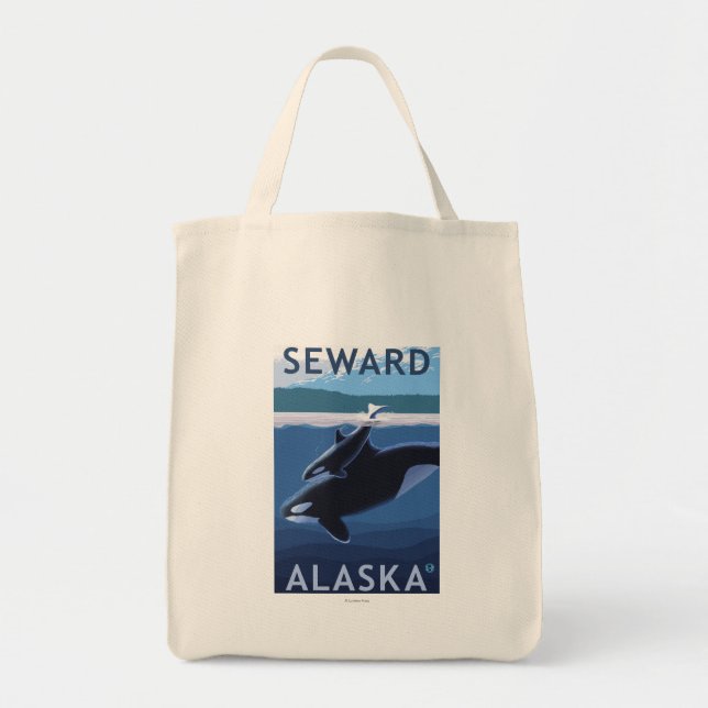Seward, AlaskaOrca and Calf Scene Tote Bag (Front)