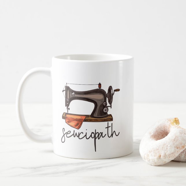 Sewciopath Sewing Machine Funny Quote Minimalist Coffee Mug (With Donut)