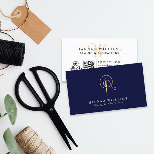Sewing & Alterations Navy & Gold Monogram  Business Card