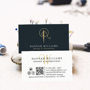 Sewing & Alterations Navy & Gold Monogram Business Card