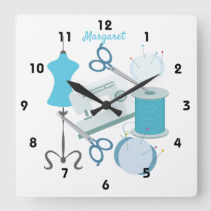 Sewing and Quilting Blue Square Wall Clock