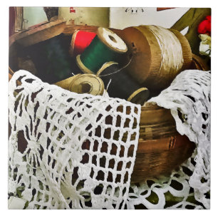 Sewing Basket With Thread and Lace Ceramic Tile