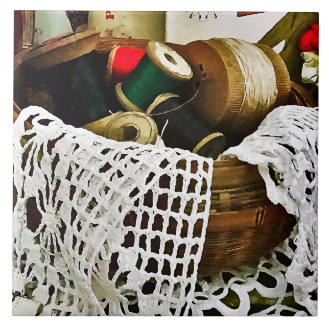 Sewing Basket With Thread and Lace Ceramic Tile (Front)