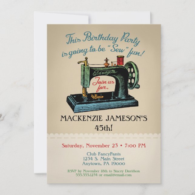 Sewing Birthday Invitation Sew Crafter Fashion (Front)