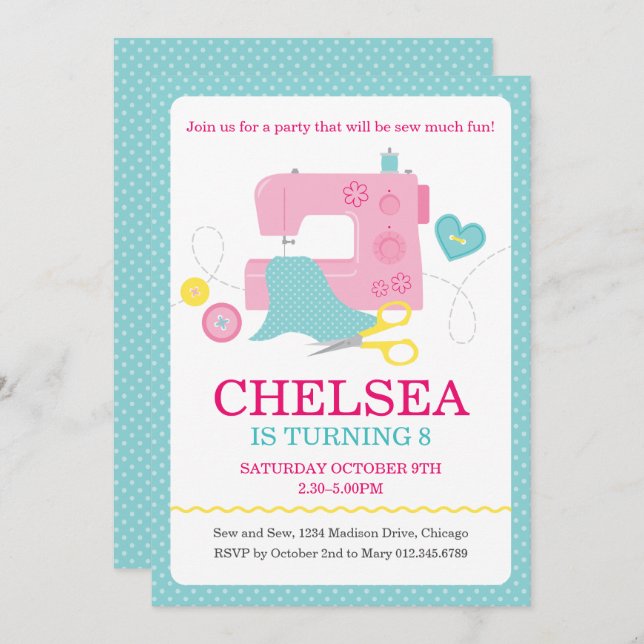Sewing Birthday Party Invitation (Front/Back)