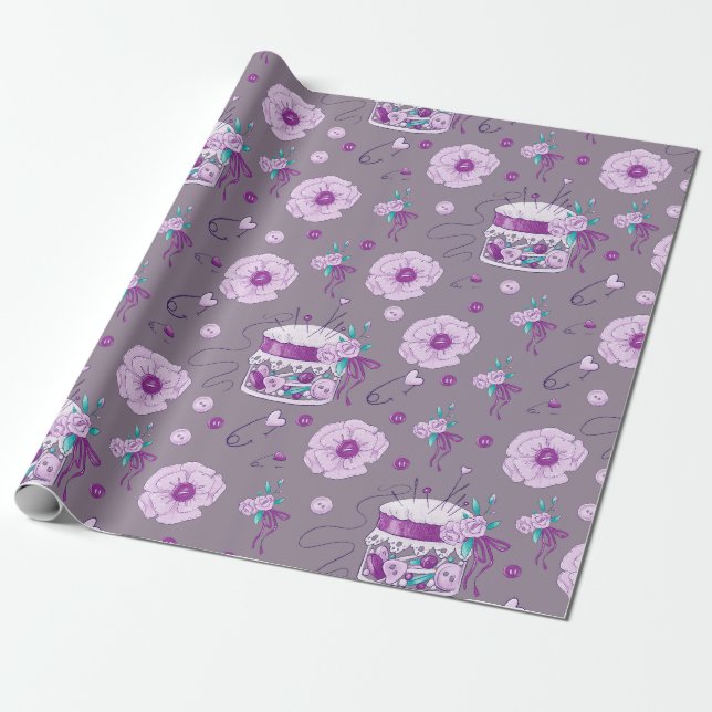 Sewing Buttons Bows Purple Lavender Pin Cushion Wrapping Paper (Unrolled)