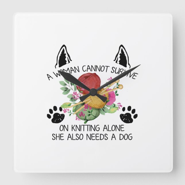 Sewing Gift | A Woman Cannot Survive On Knitting Square Wall Clock (Front)