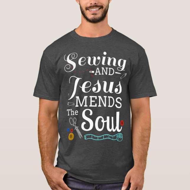 Sewing Jesus  Quilting Needle Christian T-Shirt (Front)